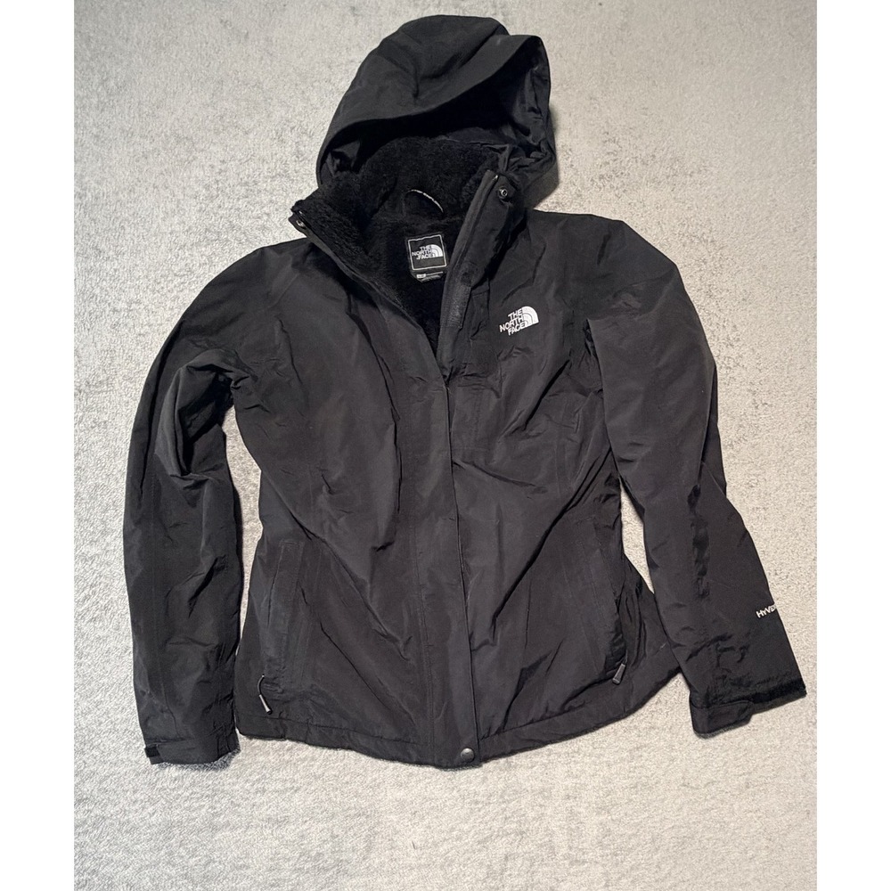 The North Face Parka Jacket Womens L Black HyVent Hooded Fleece Lined Warm